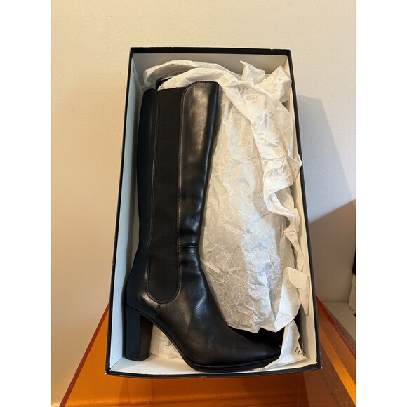 Hobbs London Milton Elastic Side Long Boot Knee-High Heeled Boot Black Leather - Picture 2 of 11